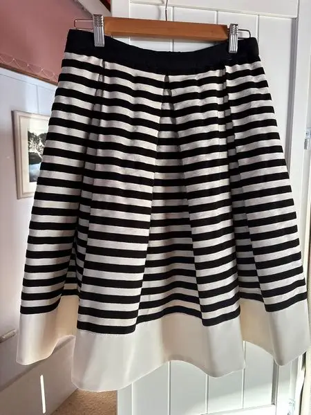 The striped French-style skirt was lengthened with a wide contrasting hem, perfectly matched in texture and tone | Sewing Solutions Studio Adelaide